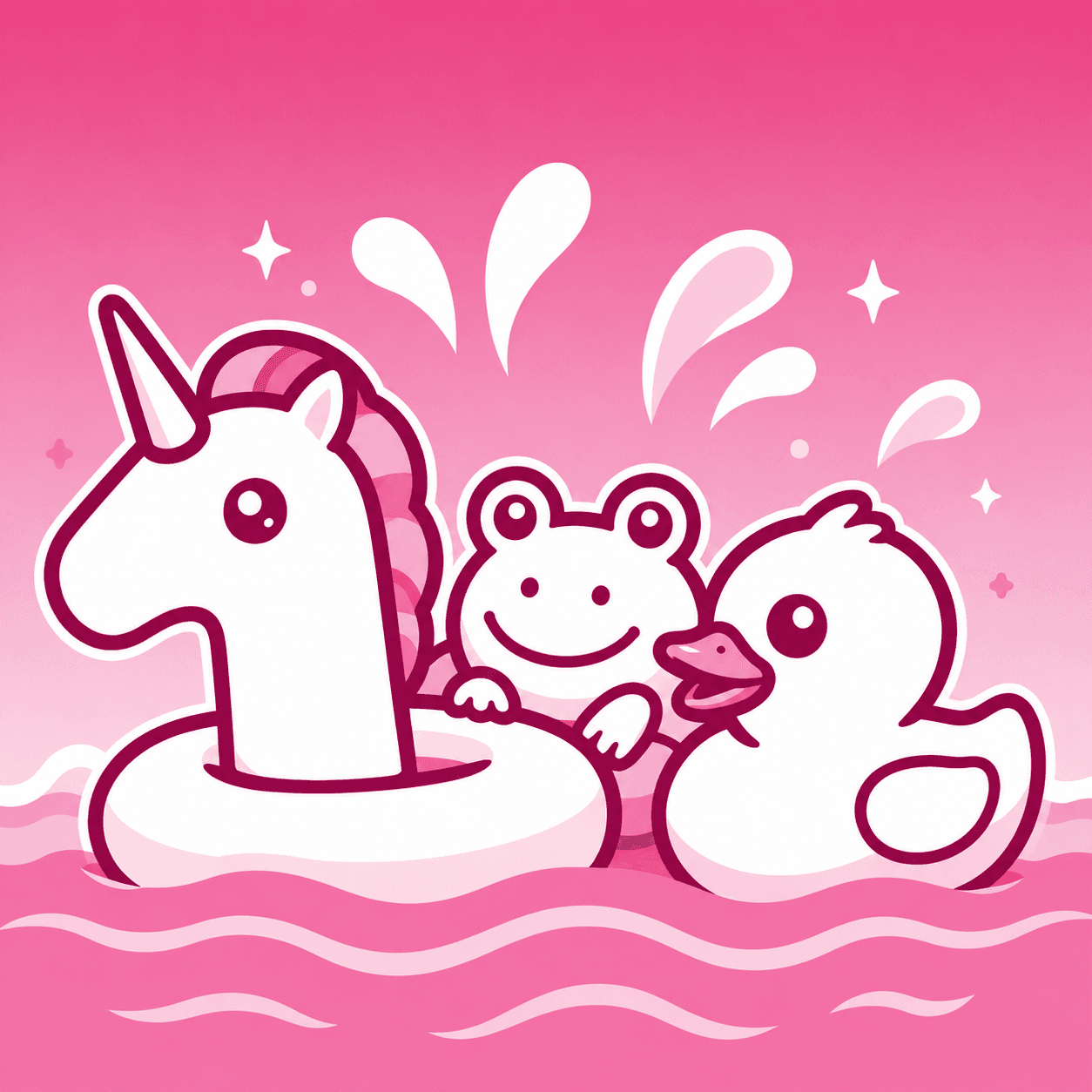 MPMF pool floaties: a unicorn, a frog and a duck floating in a pink pool
